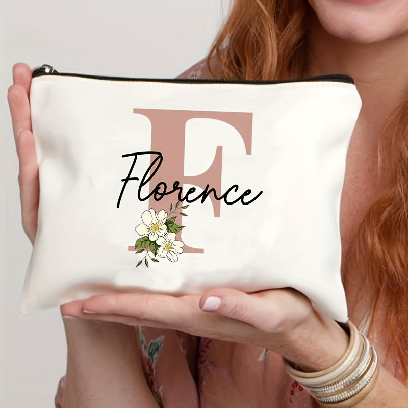 Customizable Floral Makeup Bag - Foldable Polyester Cosmetic Pouch for Travel, Zippered Toiletry Organizer, Machine Washable, Ideal Bachelorette Gift