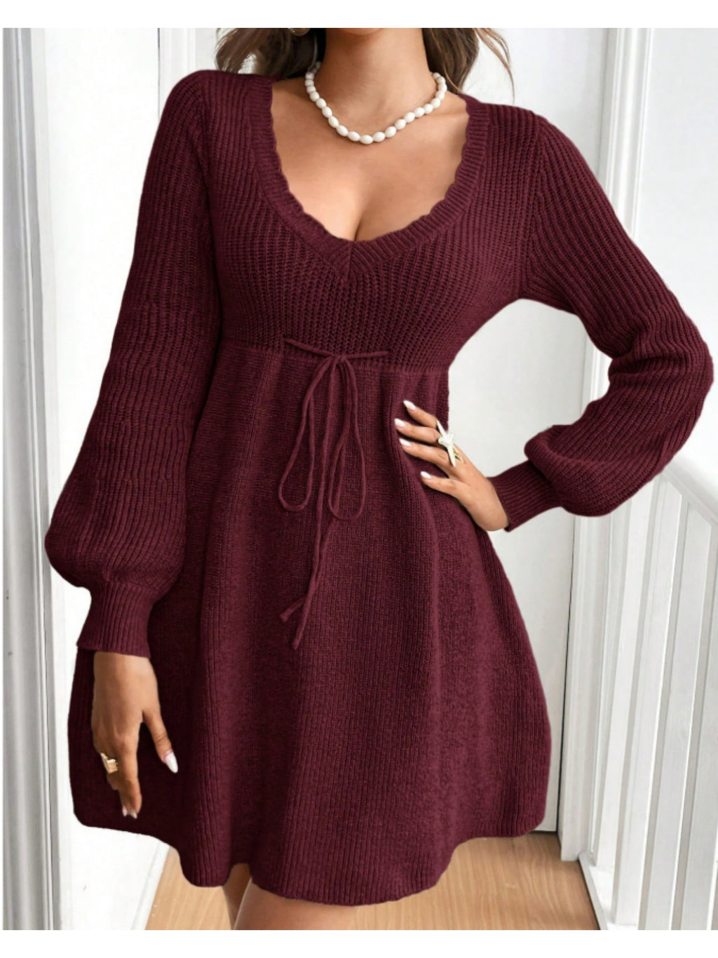 Plus Size V-Neck Red Drawstring Knit Dress for Women