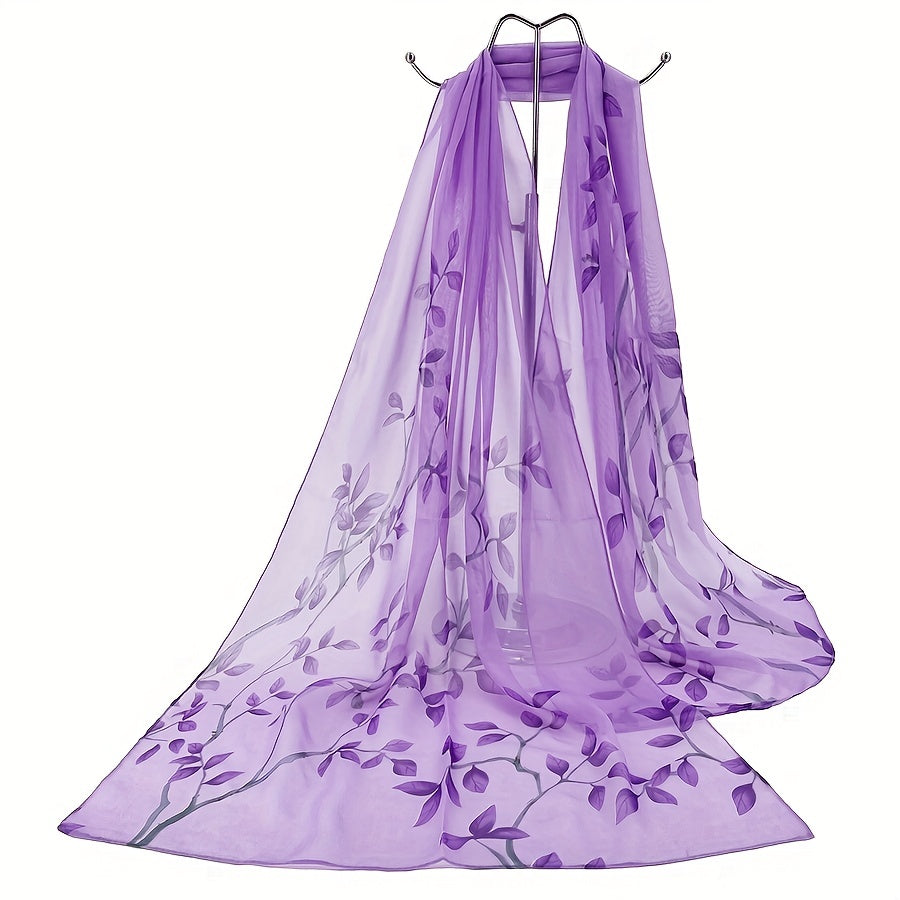 Sheer Bamboo Leaf Chiffon Shawl Scarf – Lilac & Green Lightweight Wrap for Beach, Wedding & Party, 59 x 19 in (150 x 50 cm)