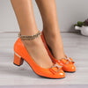 Women's Black Rhinestone Bow Pumps, Glossy Slip-On Block Heel Round Toe Dress Shoes