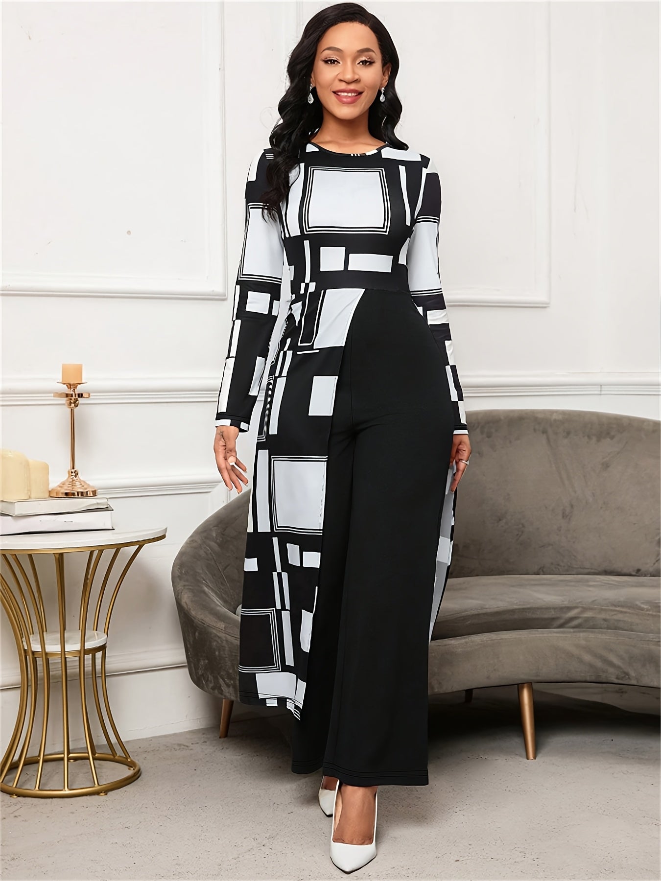 Women's Black & White Plaid Jumpsuit – Winter Wide-Leg Trousersuit with Crew Neck & Asymmetrical Collar, Machine Washable Full-Length Bodysuit for Office Party Wedding