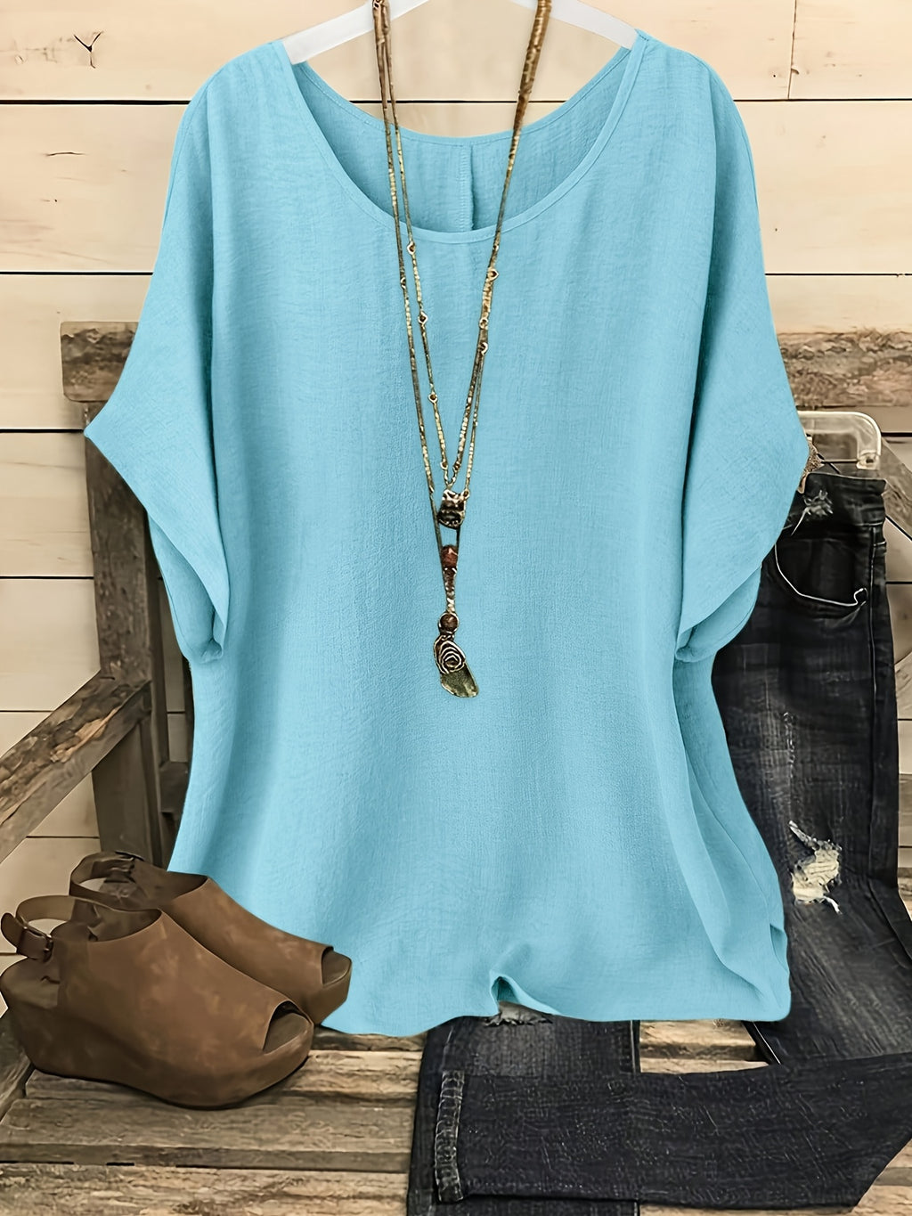 Plus Size Women's Casual Summer Batwing Sleeve Blouse - Olive Green Round Neck Short Sleeve