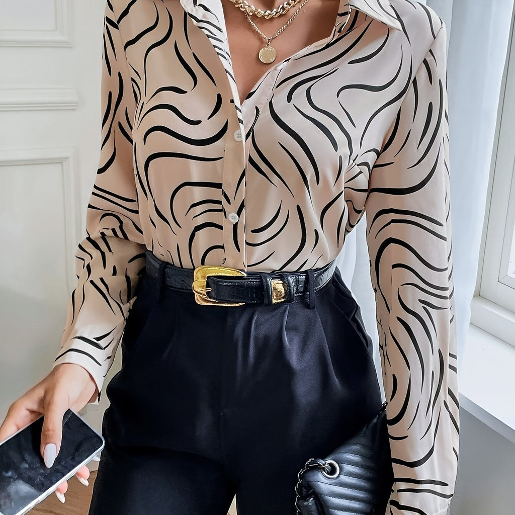 Women's Printed Long-Sleeve Button-Up Blouse, Polo Collar, 100% Polyester — Elegant Office Shirt for Spring & Fall