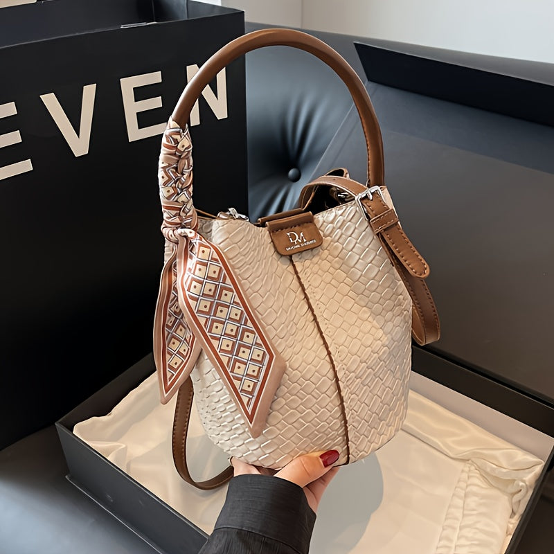 Women's Woven Bucket Handbag & Crossbody Bag - Detachable Strap, Gold-Tone Hardware, PU Leather Tote (Black, Beige, Green, Dark Brown)