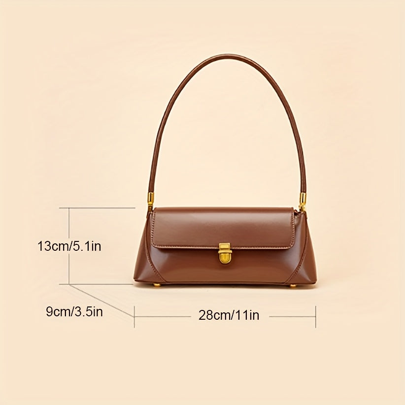 Women's French Baguette Handbag – Cowhide Shoulder Purse with Gold Hardware, Fixed Strap, Buckle Closure, Coffee/White/Black