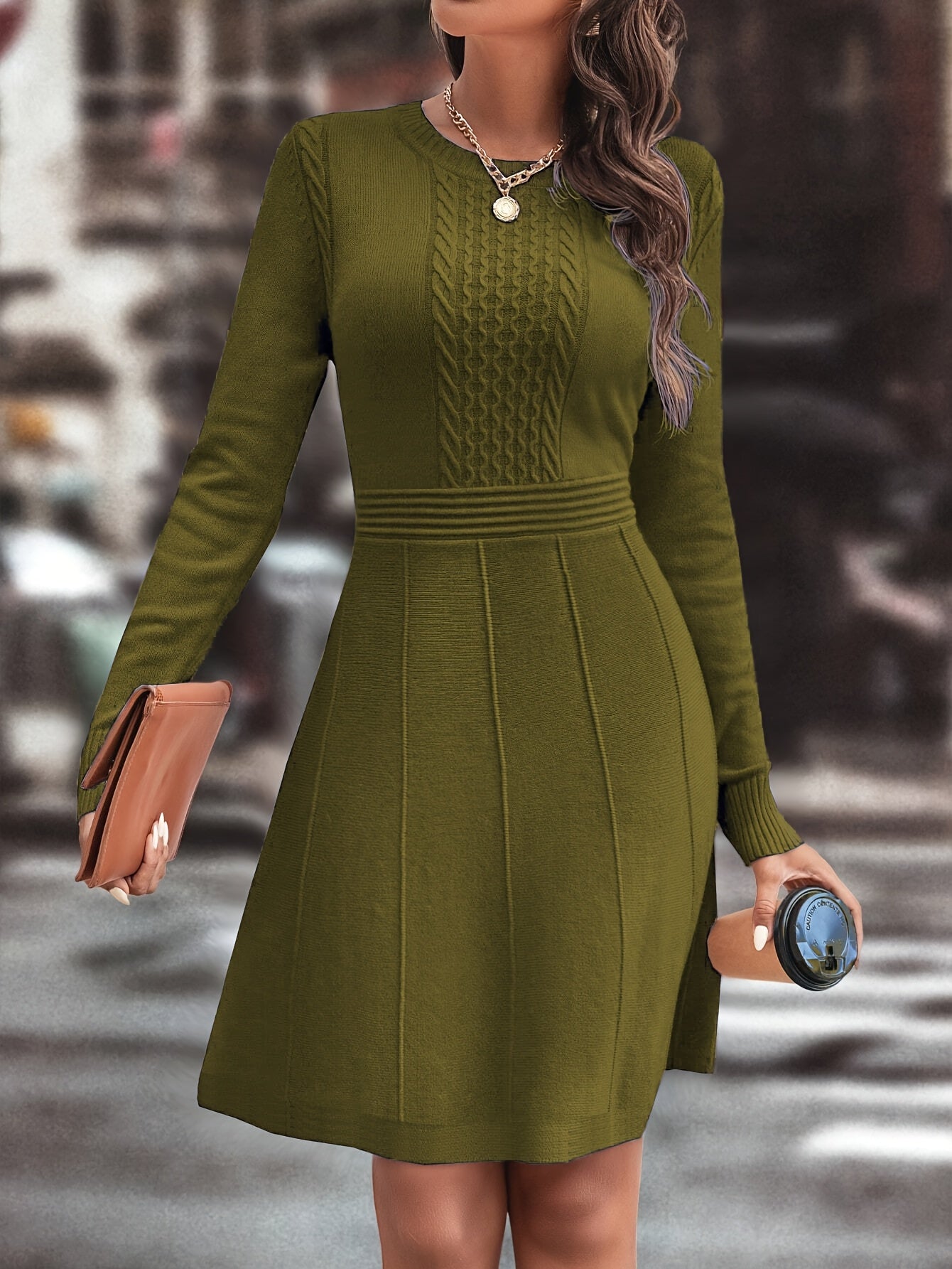 Women's Autumn/Winter Knit A-Line Dress Slim Round Neck Casual Elegant for Date & Daily Wear