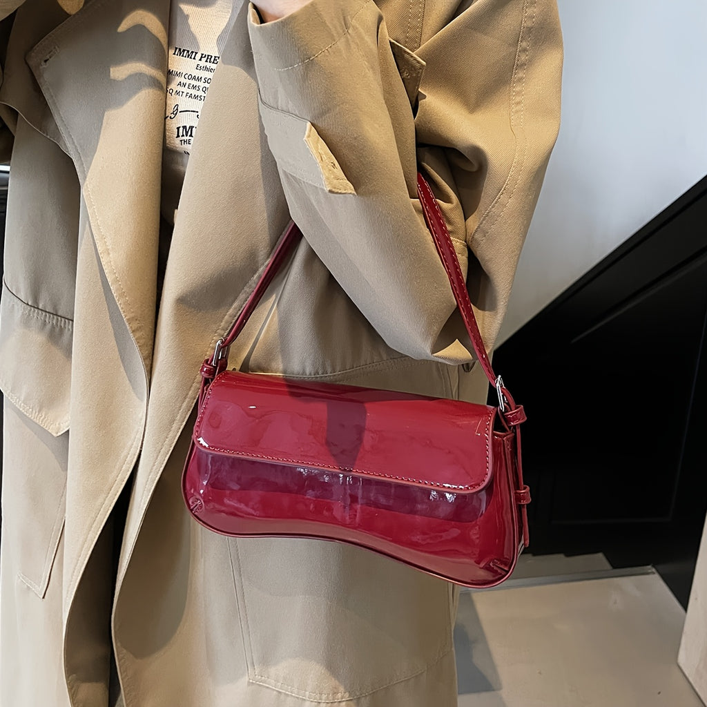 Burgundy PU Baguette Shoulder Bag - Adjustable Strap, Magnetic Closure, Two-Tone Hardware, Glossy Purse for Office & Date Night