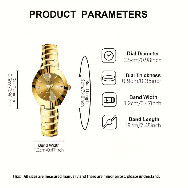 ORUSS Women's Mechanical Watch - Gold Dial with Date, Stainless Steel Bracelet - Elegant Luxury Timepiece
