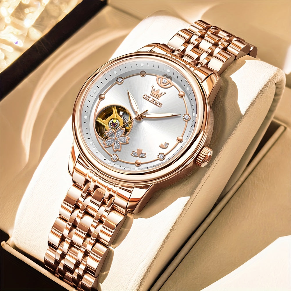 OLEVS Women's Automatic Mechanical Watch – Rose Gold Stainless Steel, Luminous Hands, Chronograph & 24-Hour Display – Luxury Dress Watch, No Battery