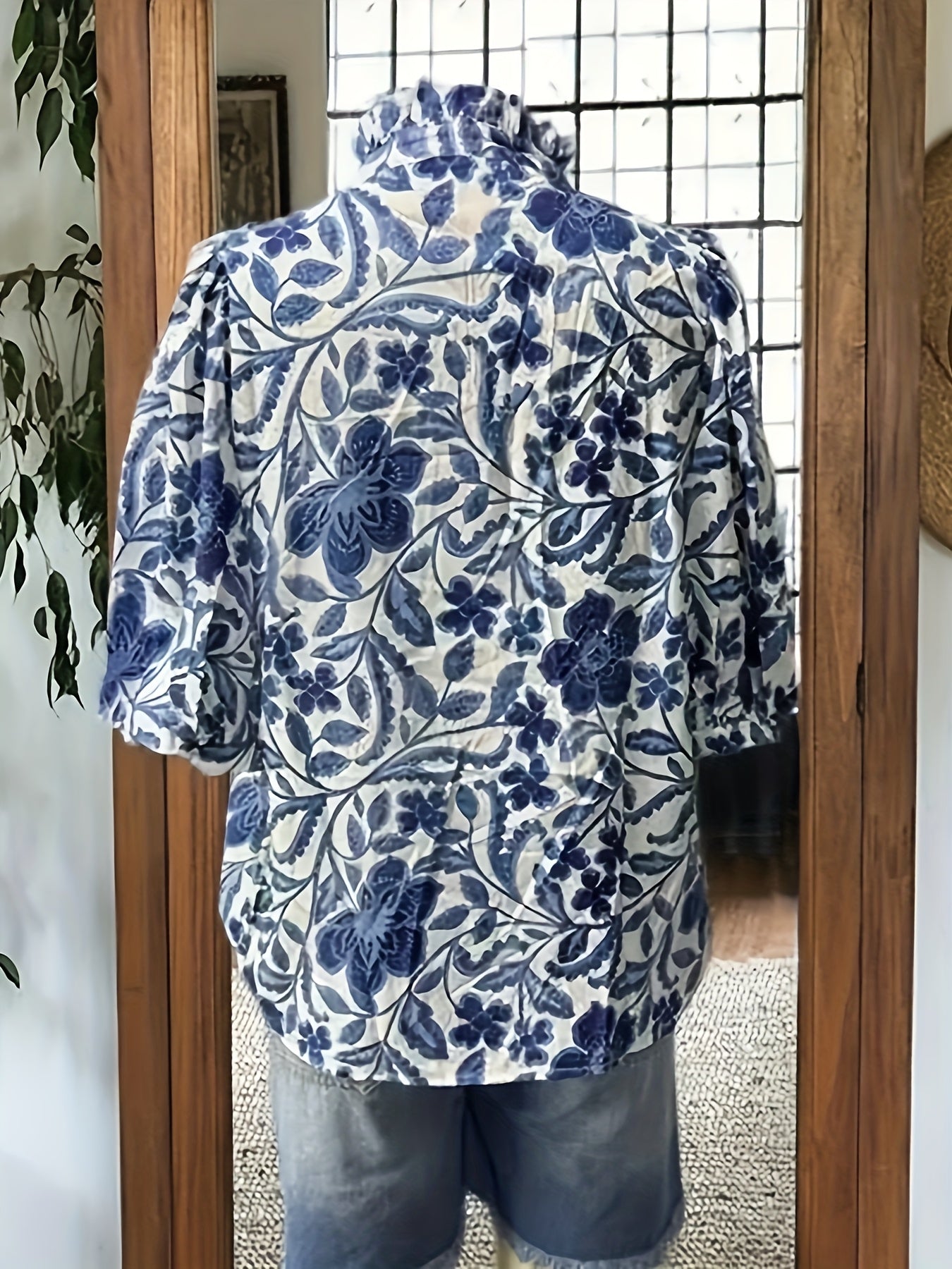 Women's Elegant Floral Short Sleeve Blouse - Stand Collar Lightweight Polyester Top for Spring/Summer/Fall