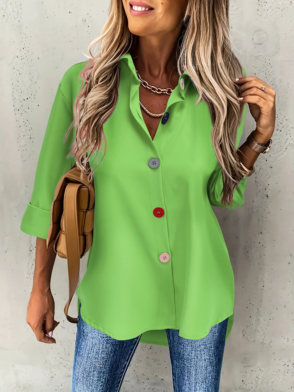 Women's Elegant Button-Front Blouse - Lapel Collar, Machine Washable All-Season Office & Casual Shirt - Green