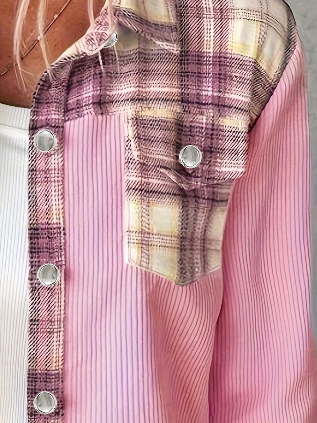 Women's Pink & Black Plaid Long Sleeve Button Shirt - Square Neck, 100% Polyester, Machine Washable