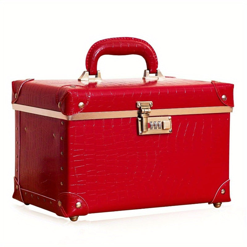 Retro Leather-Look Makeup Train Case with Combination Lock — 12.5 in (32 cm) Red Crocodile Cosmetic Organizer