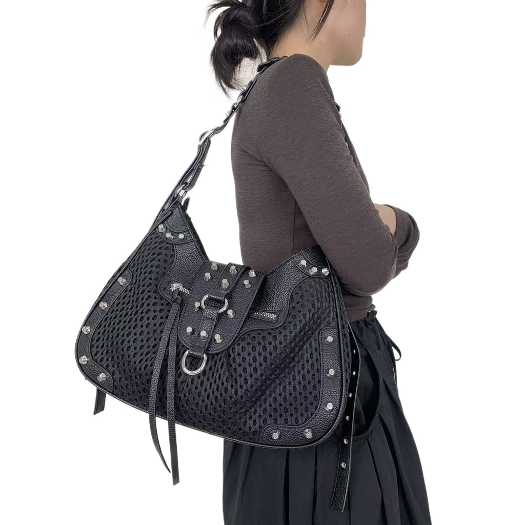 Women's Large Capacity Y2K Retro Mesh Bucket Bag - Adjustable Strap, Multi-Pocket Nylon Crossbody with Gold-Tone Hardware & Zipper Closure