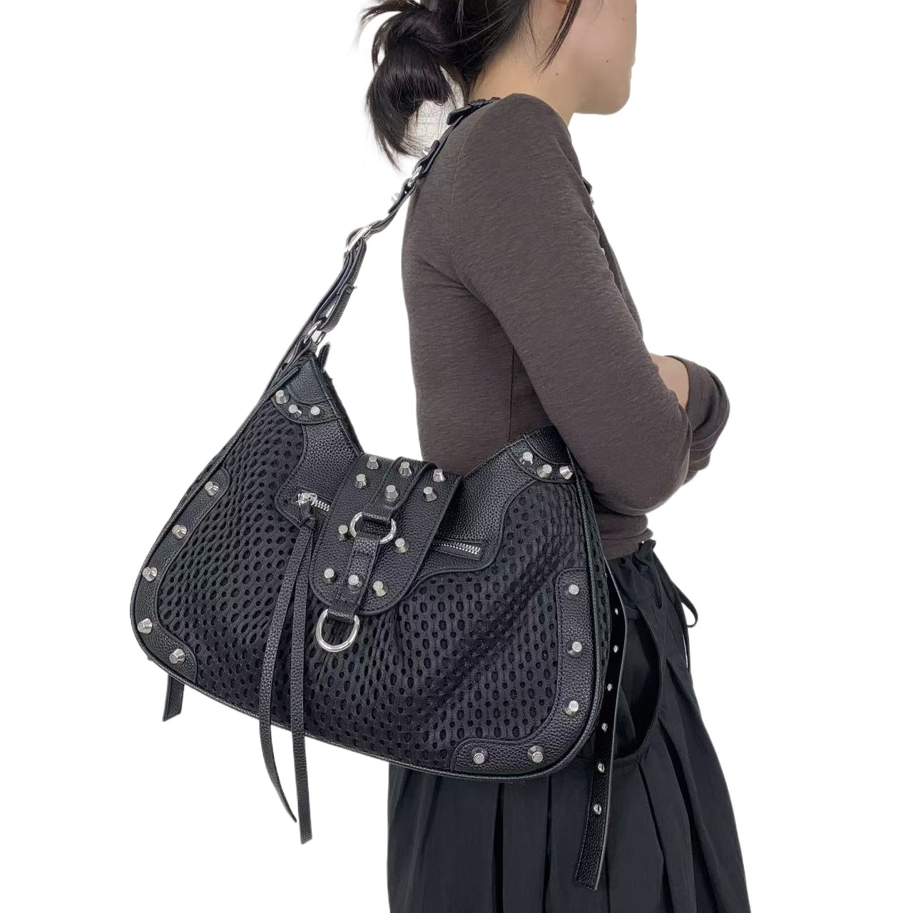 Women's Large Capacity Y2K Retro Mesh Bucket Bag - Adjustable Strap, Multi-Pocket Nylon Crossbody with Gold-Tone Hardware & Zipper Closure