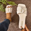 Women's Pleated Slide Sandals, Square Open Toe Flat Summer Slip-On