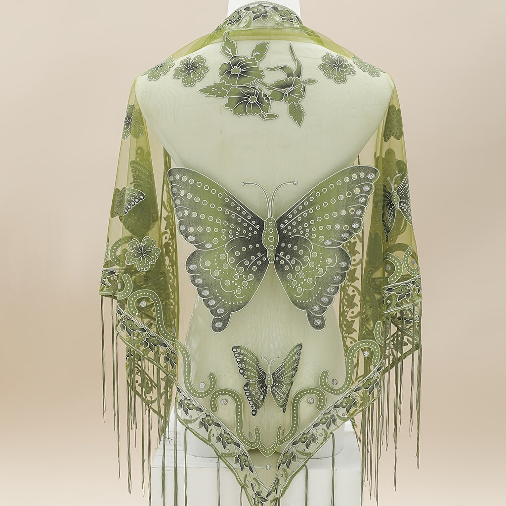 Breathable Embroidered Triangle Scarf 29.5 in x 55.1 in (75 x 140 cm) Lace Tassel Shawl Wrap