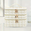 Large Capacity Black Rhombus Travel Organizer Bag – 3-Tier Double-Layer Makeup Case with Gold Zippers
