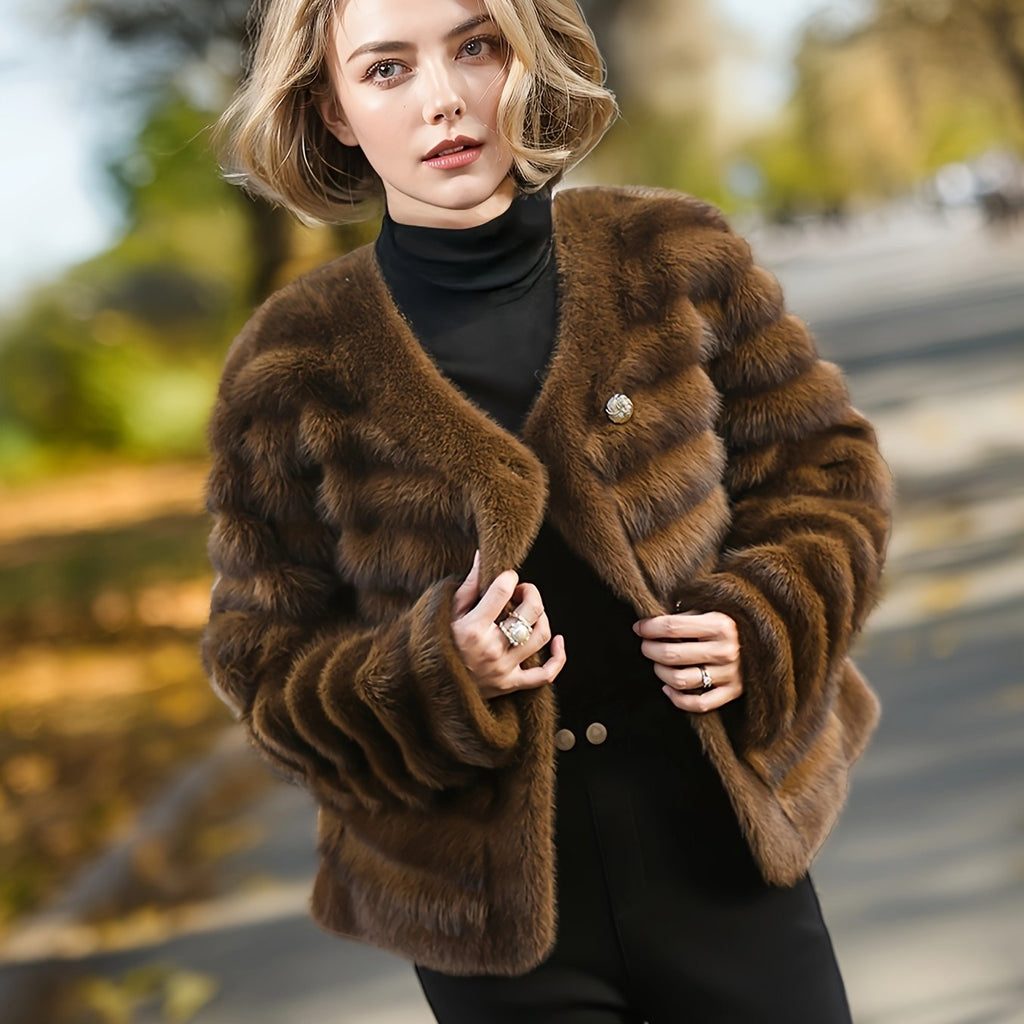 Women's Faux Leather Ombre Winter Coat with Faux Fur Trim — Elegant Cold-Weather Jacket