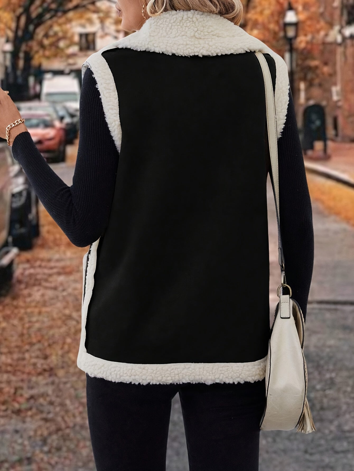 Women’s Faux Leather Mixed-Media Lapel Vest with Faux Fur Lining and Zip Pockets — Sleeveless Warm Fall Winter Vest