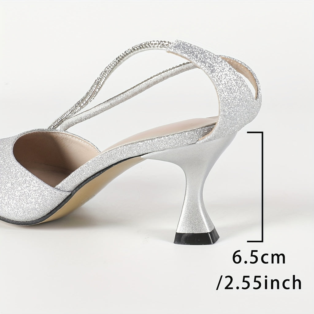 Women's Glitter Kitten Heel Sandals, Pointed Toe Ankle Strap with Adjustable Hook & Loop Closure for Weddings & Parties