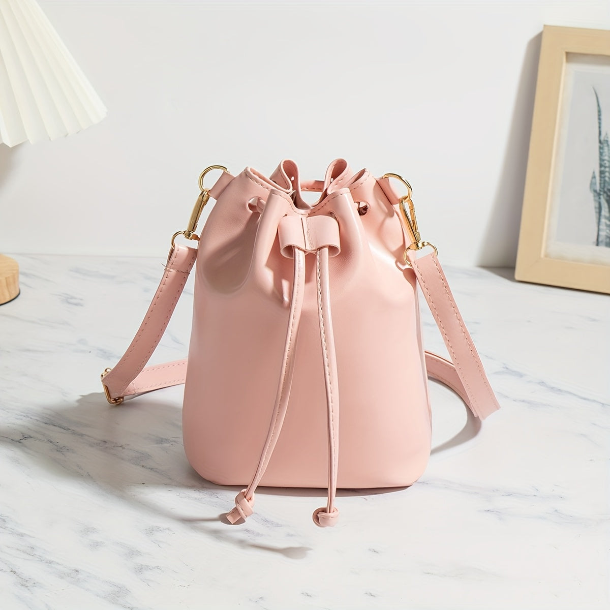 Women's Black Adjustable Crossbody Bucket Bag - Drawstring Closure Minimalist Shoulder Purse