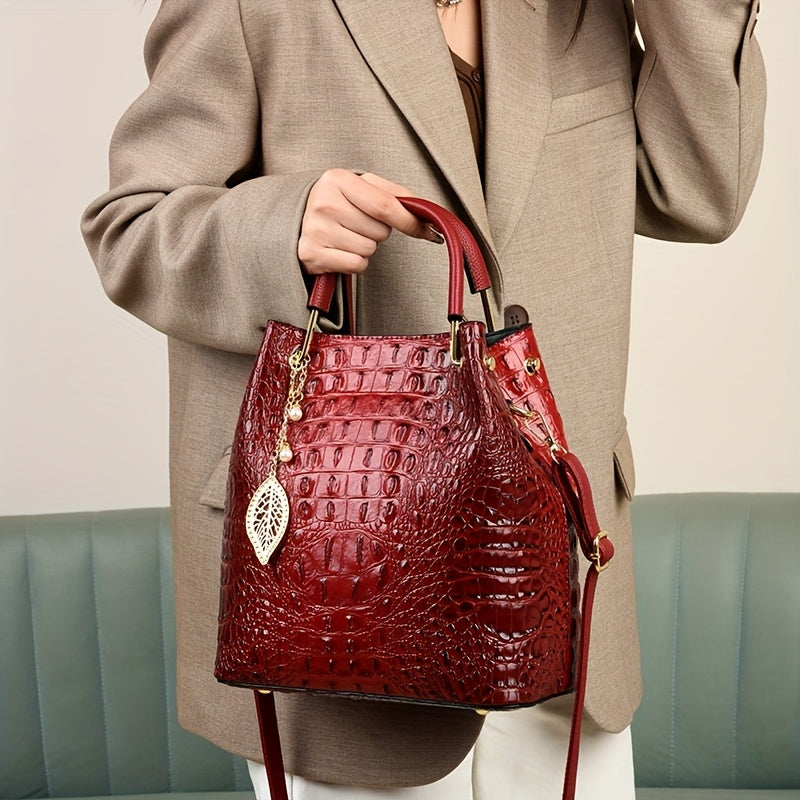 Women's Minimalist Crocodile PU Bucket Bag – Zipper Closure, Removable Strap Hand & Shoulder Bag (White, Red)