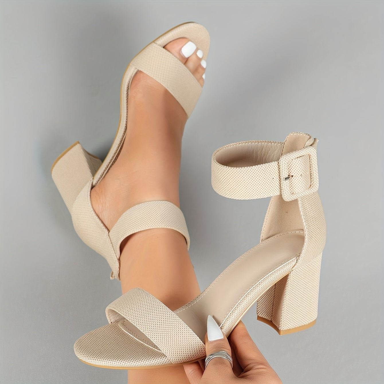 Lightweight Breathable Women's Knit Heeled Sandals - Minimalist Open Toe Block Heel with Adjustable Ankle Strap, 11 Colors