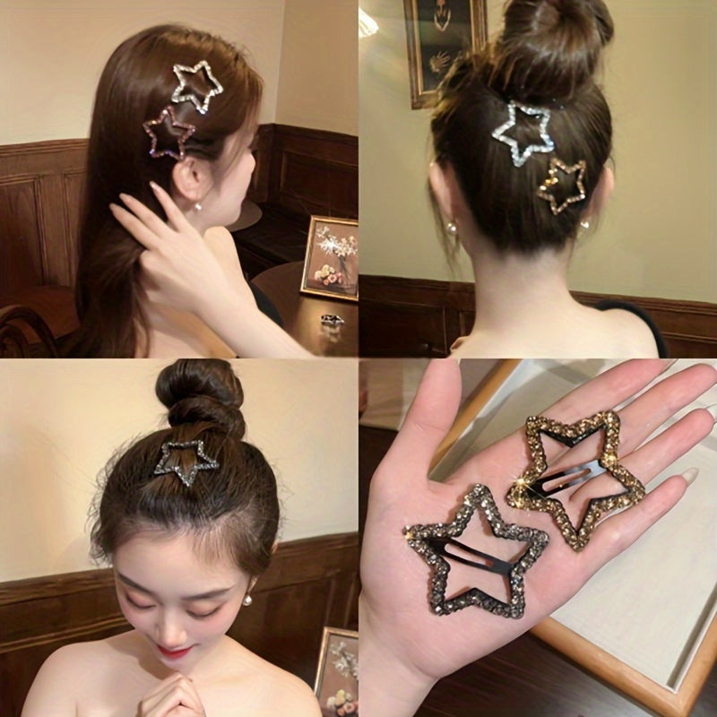 2-Pack Rhinestone Star Hair Clips - Five-Pointed BB Clips for Bangs & Side Hair, Elegant Minimalist Hairpins, Gift for Eid & Ramadan