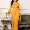Women's Elegant Long Sleeve Jumpsuit with Belted Waist & Puffed Sleeves, Crew Neck Zipper Front, Flowy A-Line for Spring/Fall