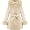Women's Faux Fur-Trim PU Leather Hooded Coat with Belt - Warm Black Fall/Winter Jacket