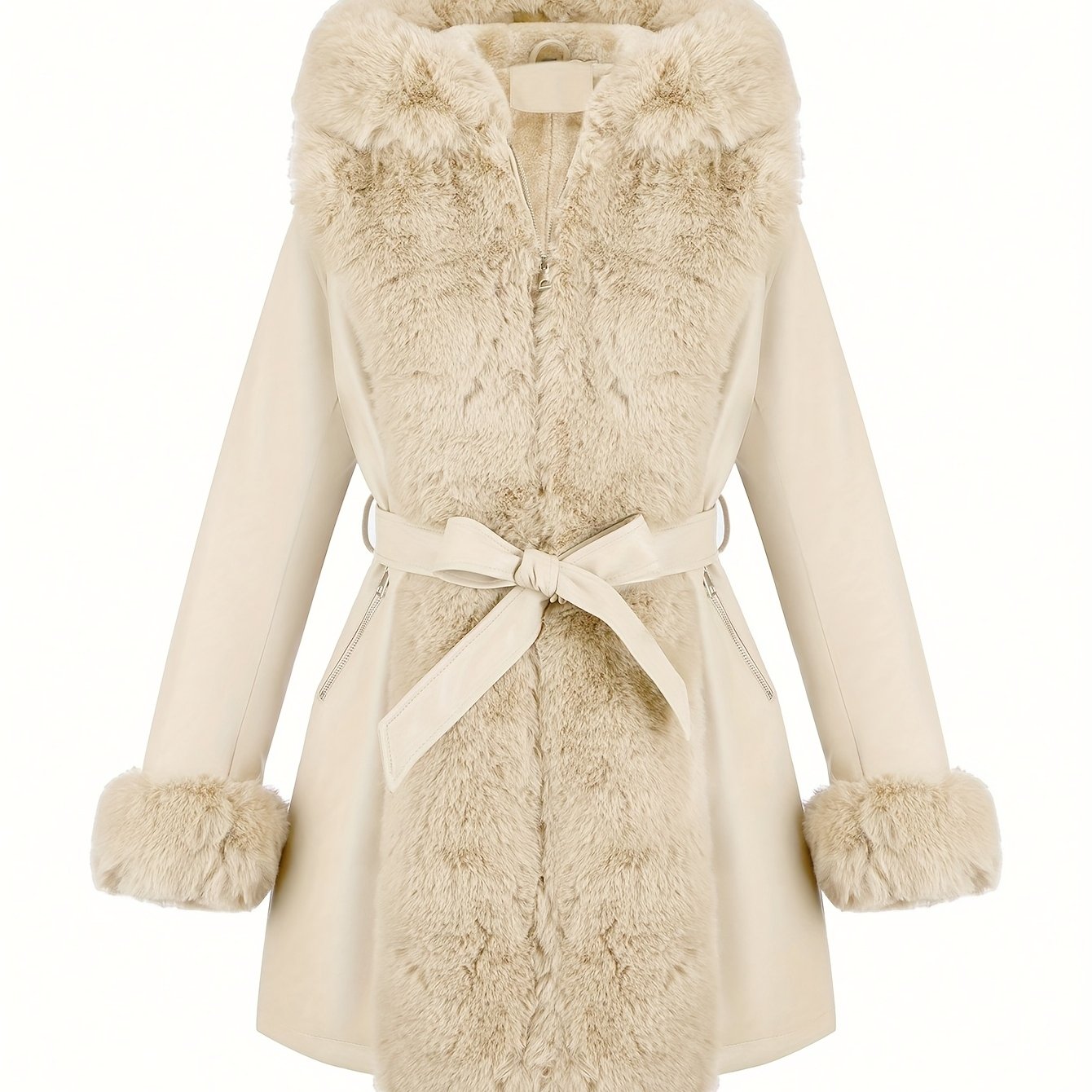 Women's Faux Fur-Trim PU Leather Hooded Coat with Belt - Warm Black Fall/Winter Jacket