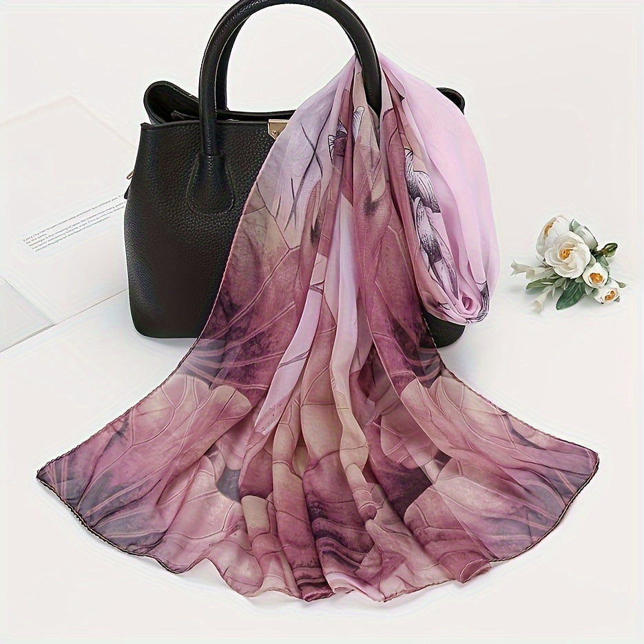 Large Lotus Print Chiffon Scarf, Lightweight Floral Shawl for Women, Breathable Beach Wrap & Travel Headscarf