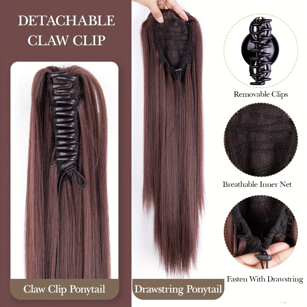 22-Inch (56 cm) Straight Synthetic Ponytail Extension with Claw Clip - Heat-Resistant Black & White Hairpiece for Women
