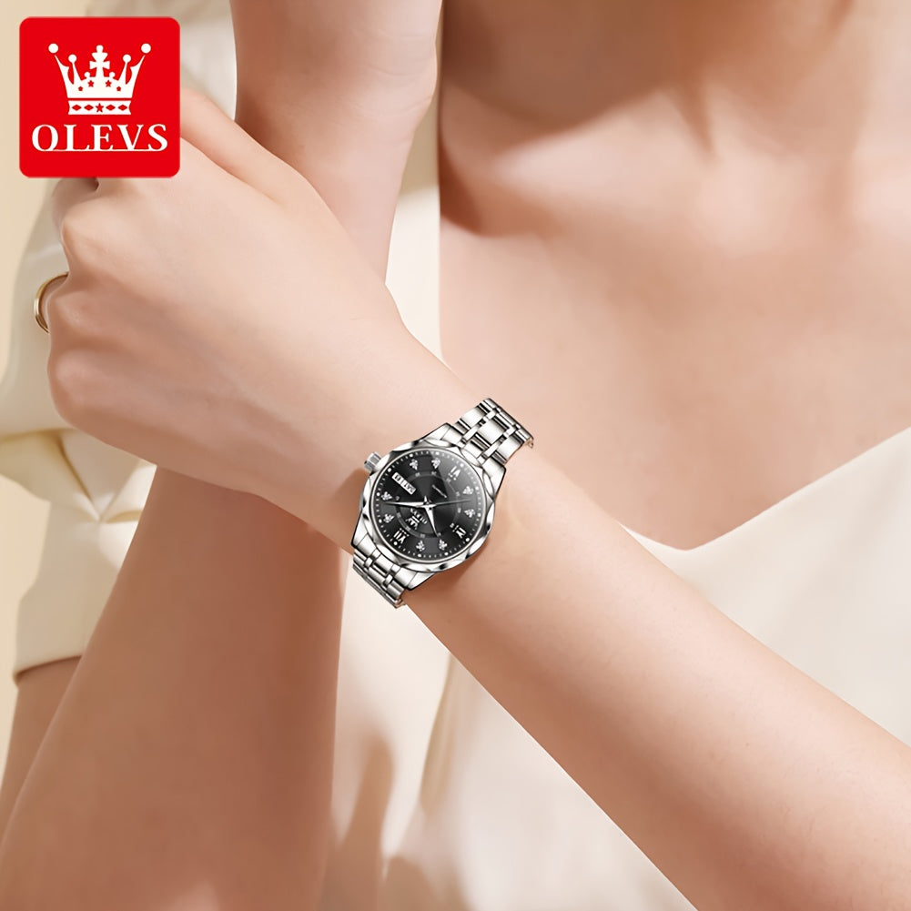OLEVS Women's Automatic Mechanical Watch - Stainless Steel Dual Calendar Luminous Rectangular Case