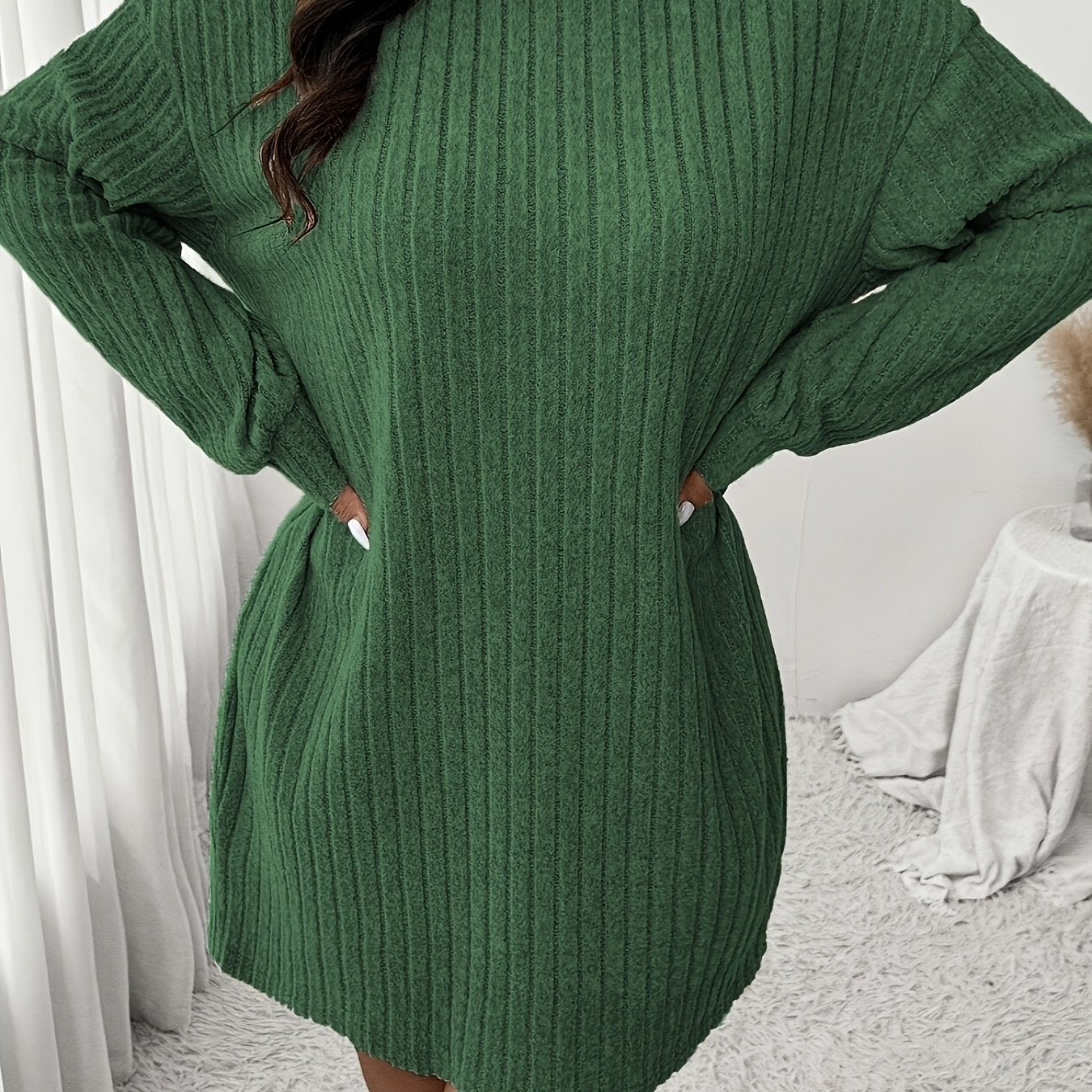 Plus Size High Neck Ribbed Knit Dress Long Sleeve Knee-Length Casual Winter Dress