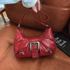Maillard-Inspired Vintage Wasteland Baguette Shoulder Bag for Women – PU Leather, Metallic Hardware, Zipper Closure, Red/Black