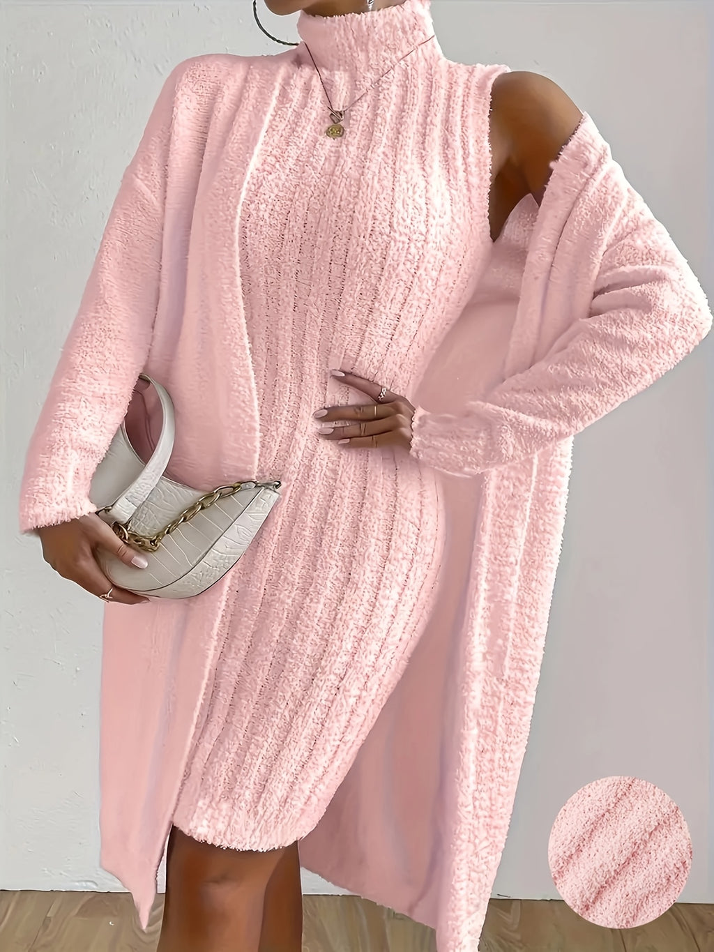 Plus Size Cozy Teddy Bear Sweater Dress & Strapless Cardigan Set - Red Ribbed Knit Two-Piece for Fall/Winter