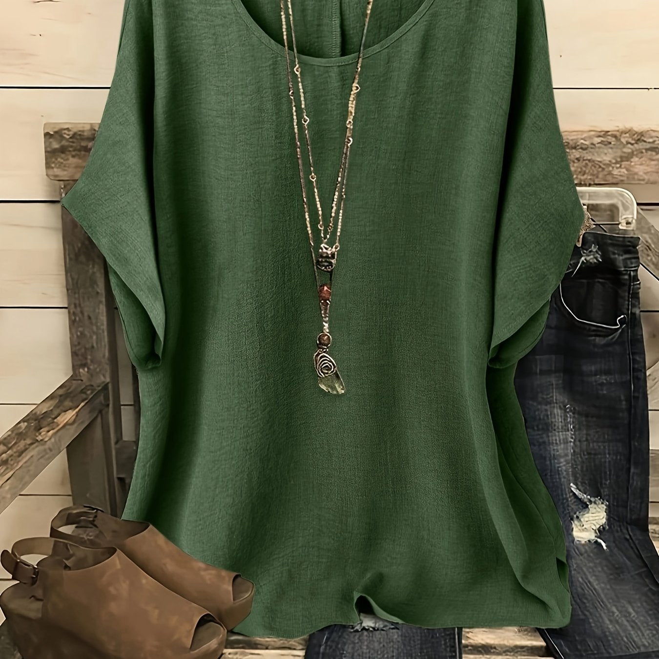 Plus Size Women's Casual Summer Batwing Sleeve Blouse - Olive Green Round Neck Short Sleeve