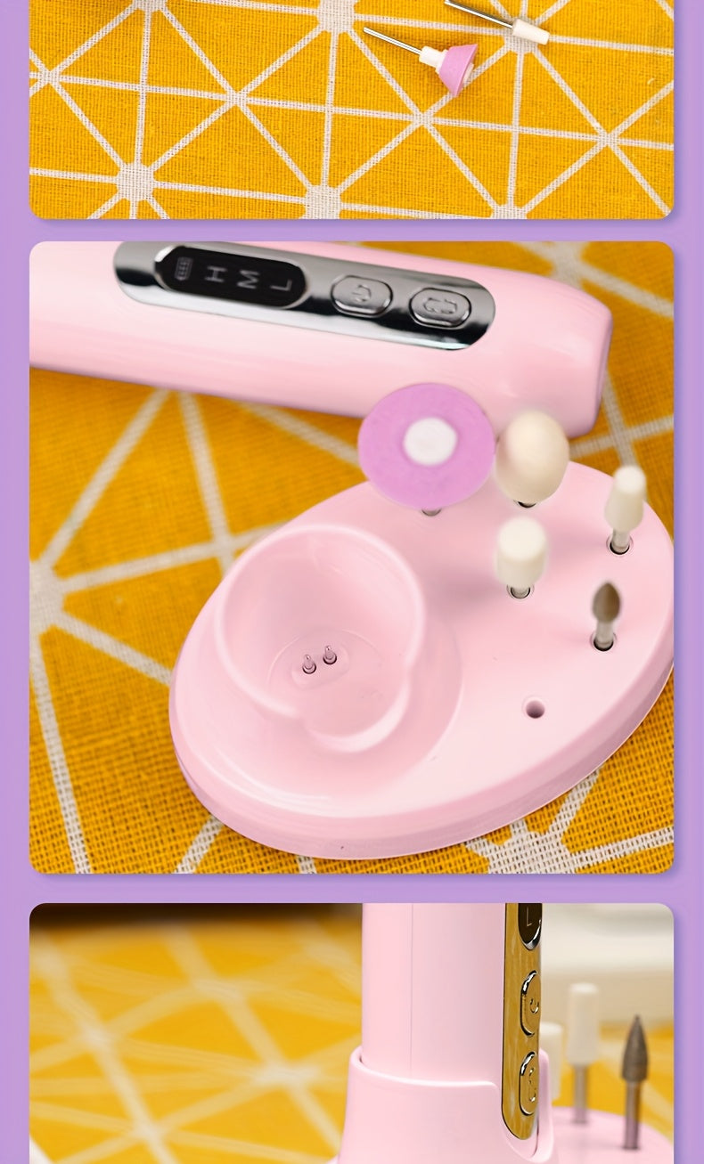 Cordless Electric Nail Drill Kit with Drill Bits & Sanding Bands, Rechargeable USB Manicure & Pedicure File for Acrylic Gel Nails (Bright Pink)
