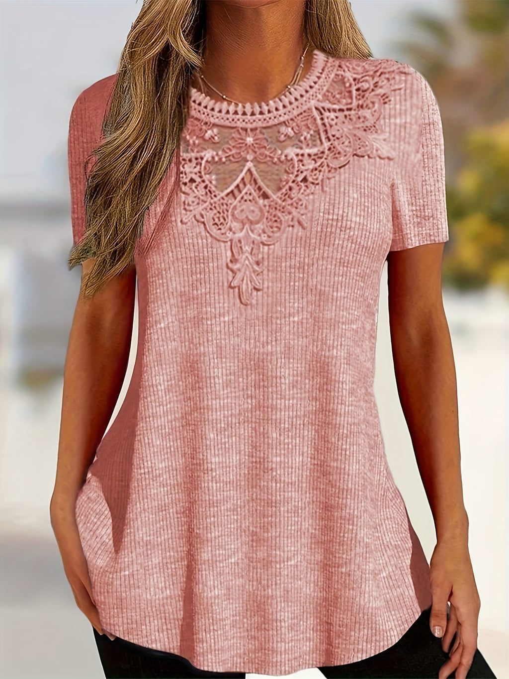 Women's Summer Lace-Trim Pullover Top - Light Gray Short Sleeve Casual Blouse, Medium Stretch, Machine Washable