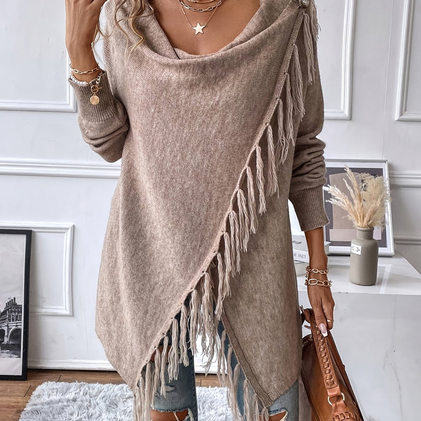 Women's Fringe Tassel Draped Neckline Shawl Wrap - Knit Polyester Fall/Winter
