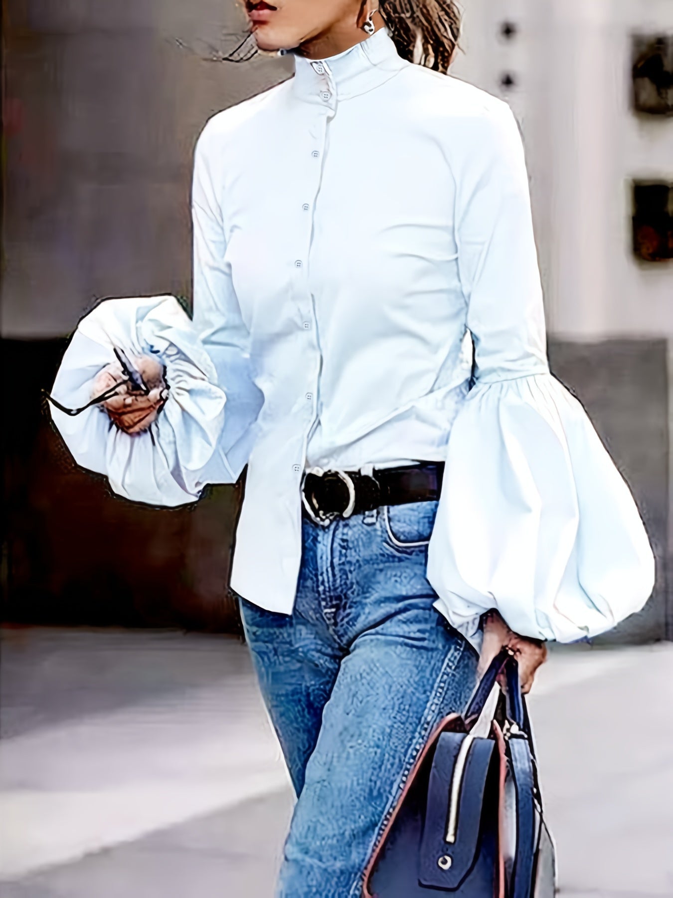 Urban Chic High-Neck Women's Blouse with Puff Sleeves - Slim Fit Long-Sleeve Button-Up Shirt in White