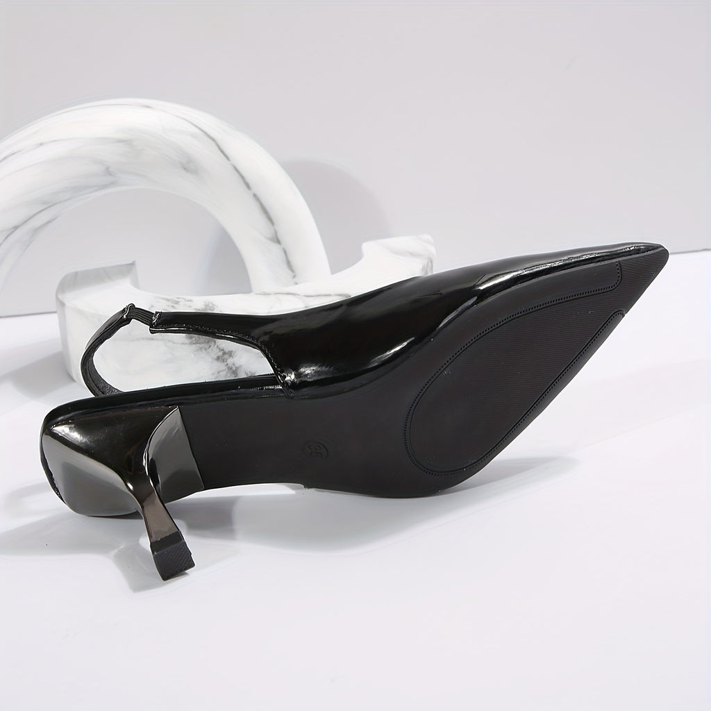 Elegant Black Pointed Toe Mid-Heel Pumps for Women - Lightweight Faux Slip-On Stiletto Heels with Rubber Non-Slip Sole, All-Season