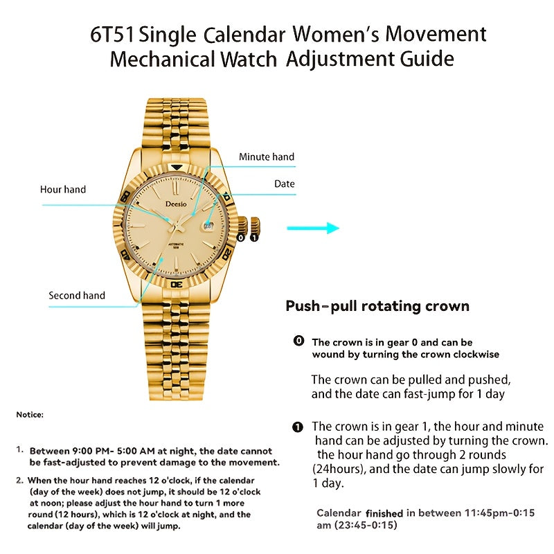 Deesio Women's Automatic Mechanical Watch with Moon-Phase Calendar, Stainless Steel Bracelet - Elegant Ladies Gift