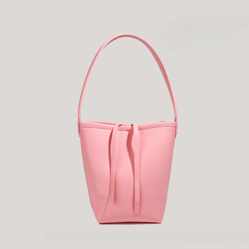 Women's Large Capacity Korean-Inspired Drawstring Bucket Tote - Minimalist Round PU Crossbody Shoulder Purse with Adjustable Strap, Black Grey Coffee Brown White Red