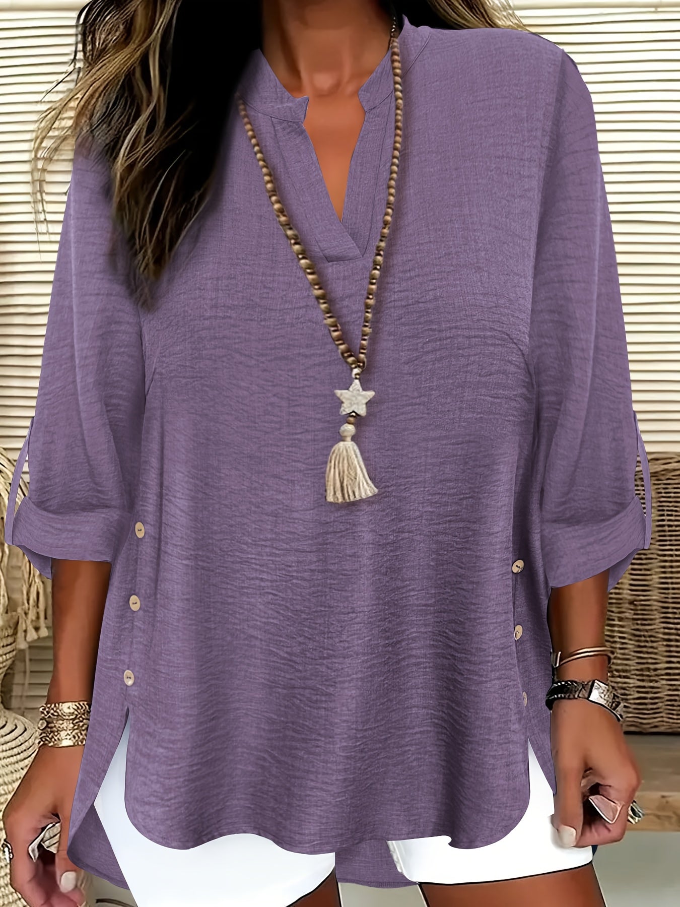 Plus Size Faux Denim Blouse with Decorative Buttons & Tassel Knot Front High-Low Hem Spring/Summer Polyester Blend