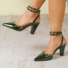 Elegant Green Metallic Pointed-Toe Block Heel Pumps for Women, Ankle Strap D'Orsay with Gold Rivet Detail