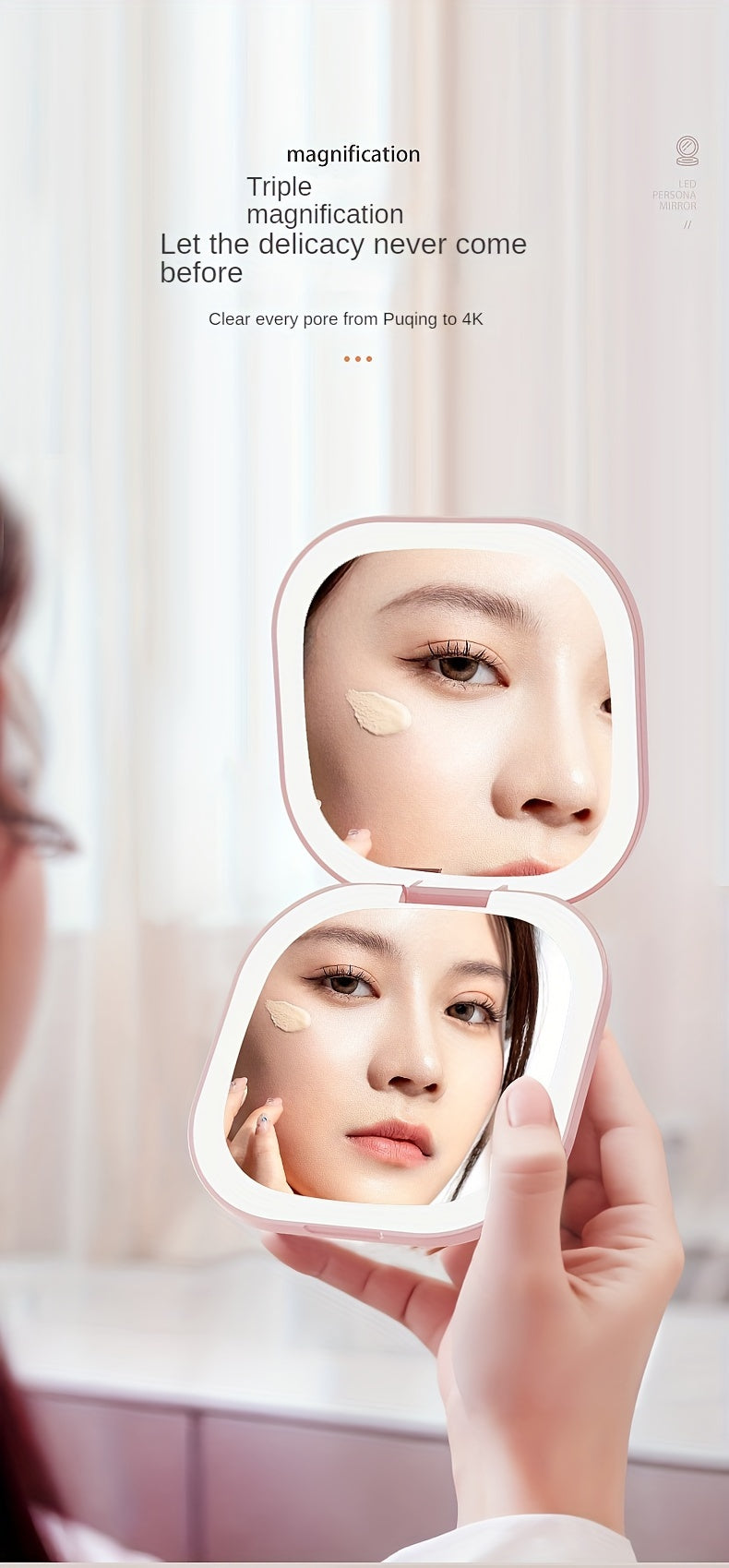 Foldable LED Travel Makeup Mirror - Double-Sided 1X/2X/3X Magnification, Adjustable Brightness, Rechargeable USB Pocket Mirror