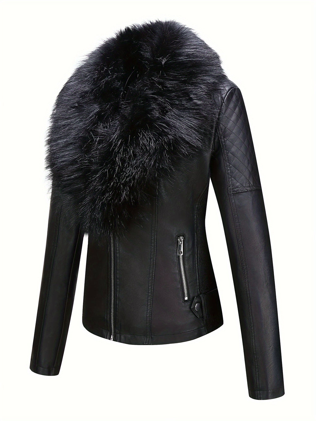 Women's Retro Faux Leather Motorcycle Jacket with Detachable Large Fur Collar - Fall/Winter